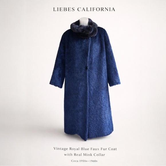Vintage 1950s Liebes California Royal Blue Faux Fur Coat Real Mink Collar Swing